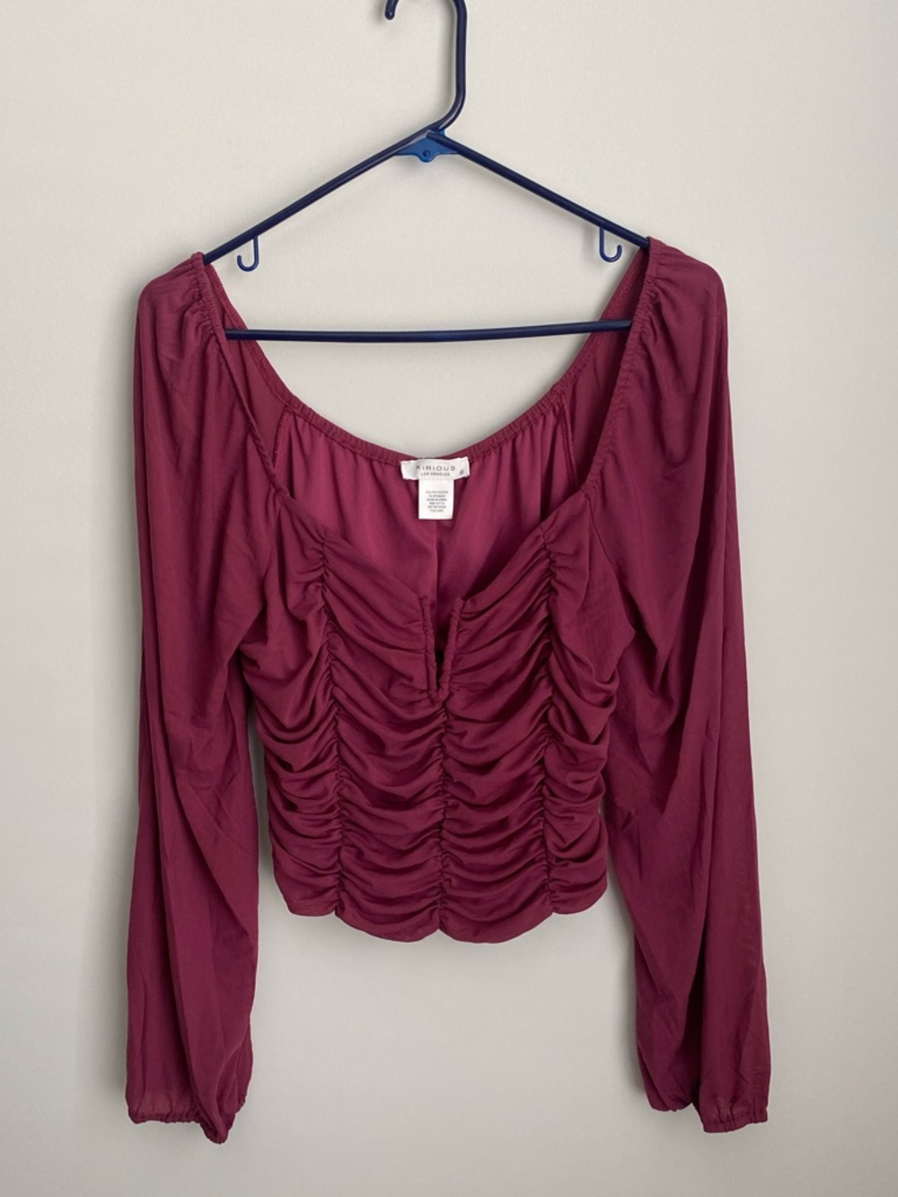 Kirious Burgundy Ruched Long-Sleeve Crop Top